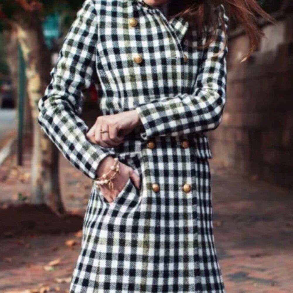 J.crew 100% Wool White Black Yellow Plaid Double Button Trench Coat Jacket Sz 6